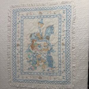 Vintage Teddy Bear Rocking Horse Baby Quilt Blue White Ruffle Good 35x45